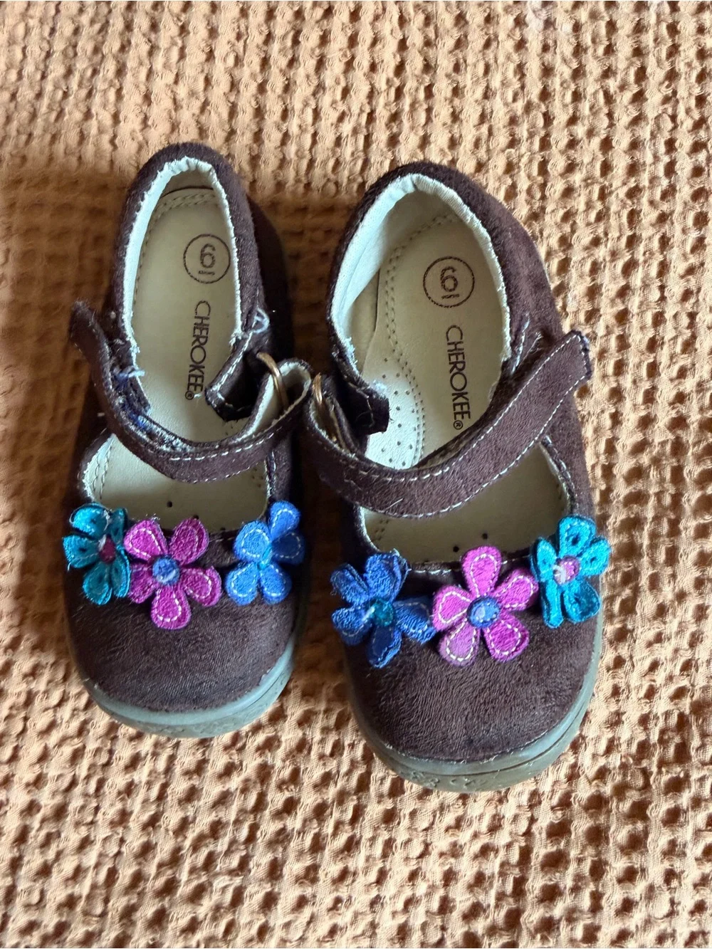 Cherokee Brown Mary Jane Shoes with Pink & Blue Flower Appliqués